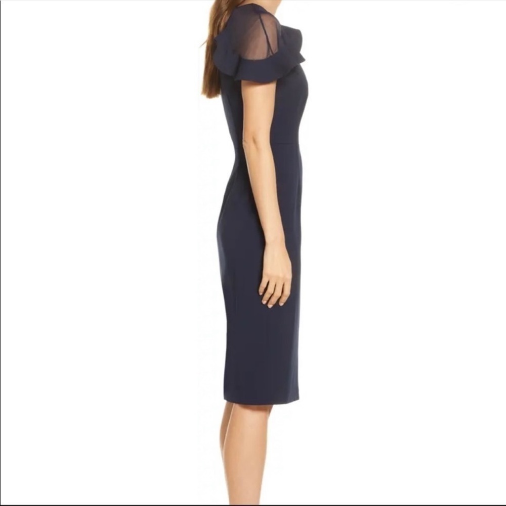 Eliza J Ruffle Shoulder Cocktail Dress Navy Scuba Crepe Wedding Evening Party - Picture 3 of 14
